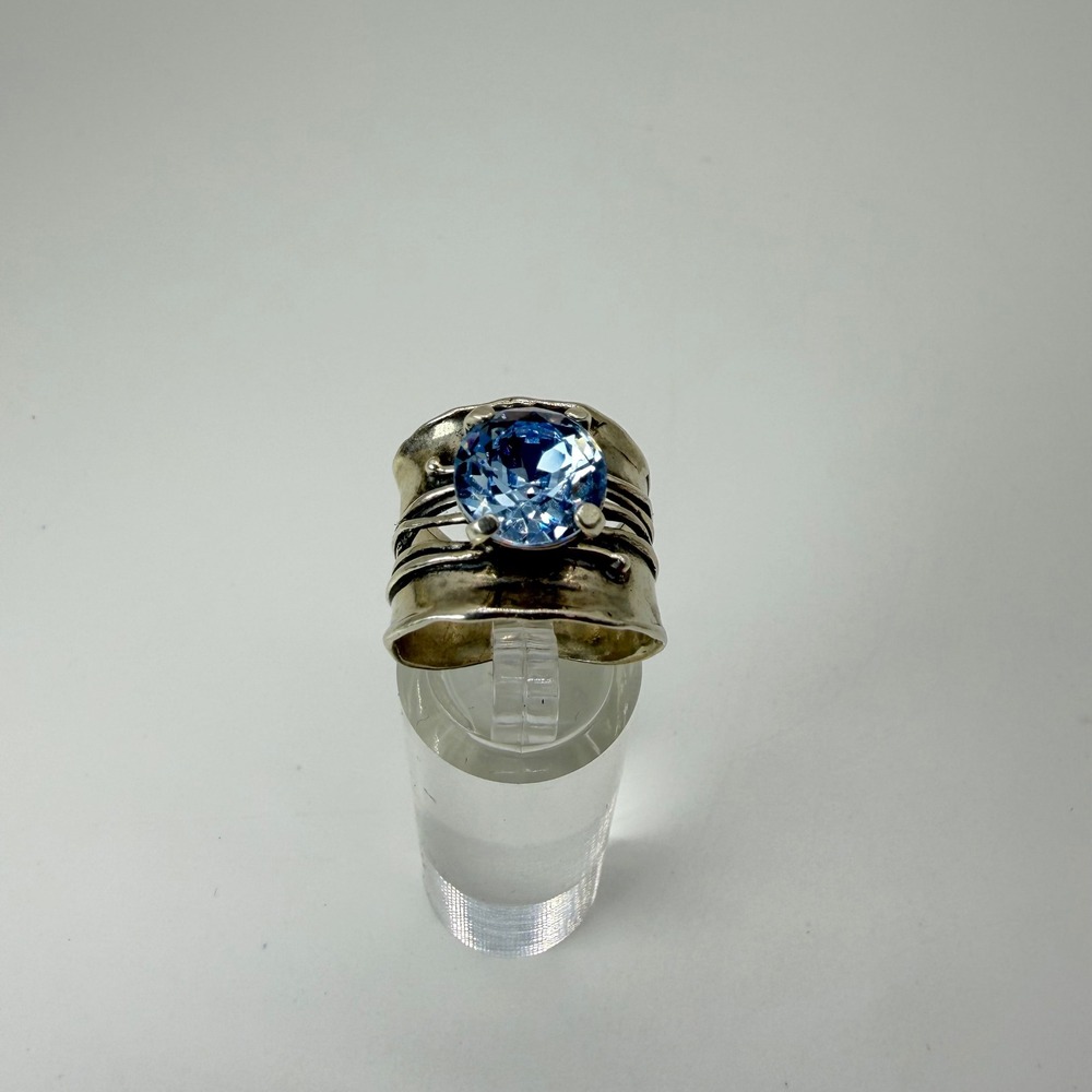 Zuman Israel 925 Sterling Silver Blue Crystal Wide Hammered Band Ring Size 7.25